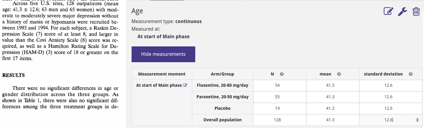 Entering data for the 'age' baseline characteristic