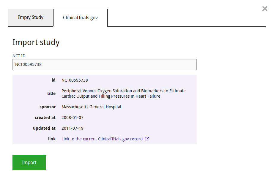 Importing a study from ClinicalTrials.gov